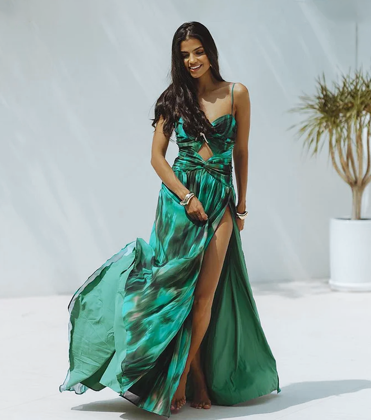 Green Printed Folds One Piece Swimsuit and Skirt