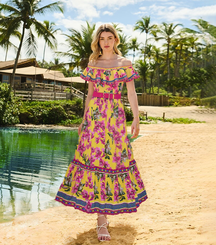 Bandeau Ruffled Orchid Print One Piece Swimsuit and Skirt