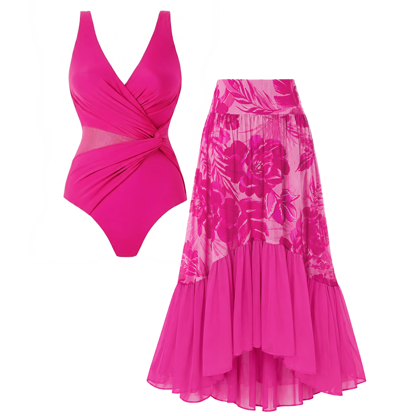 Hot Pink and Floral Printed Swimsuit Set(s)