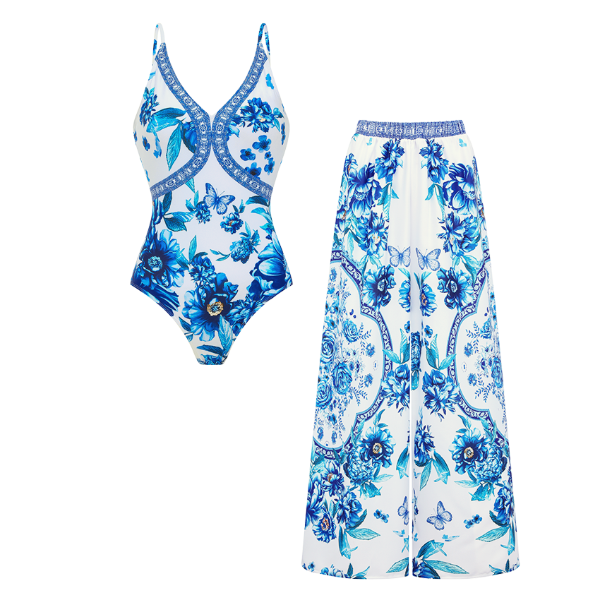 V-neck Peony Print Swimsuit Set(s)