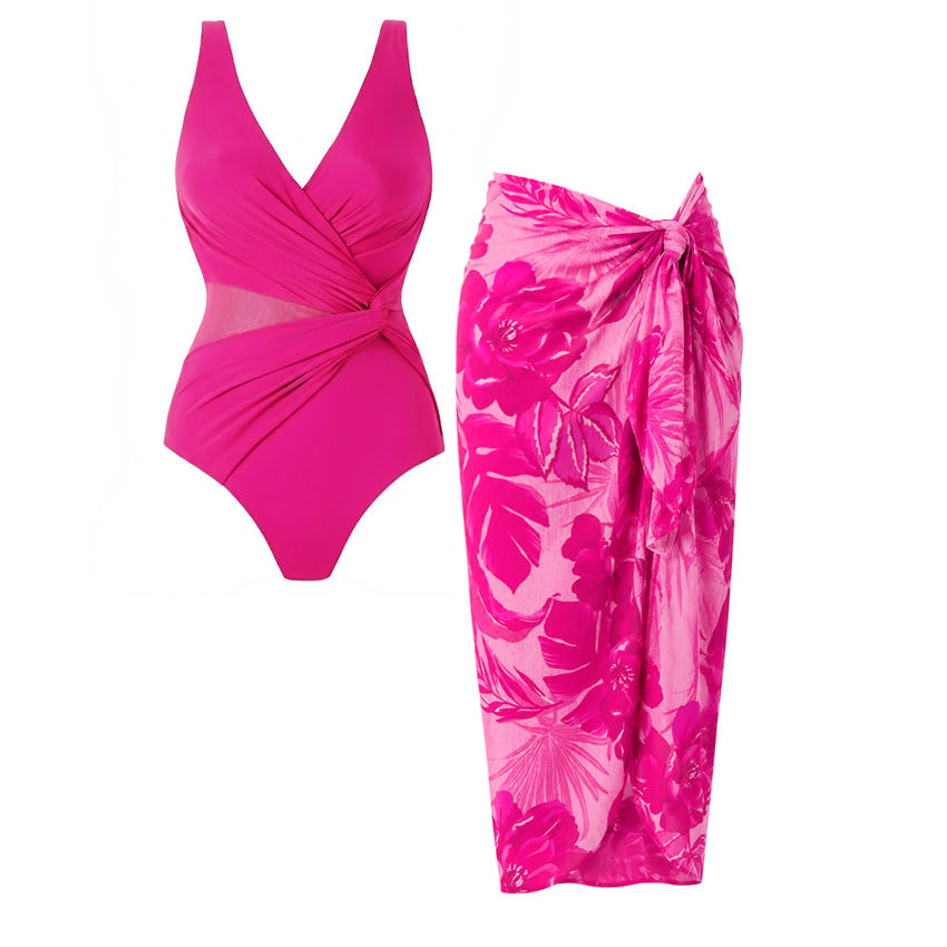 Hot Pink and Floral Printed Swimsuit Set(s)