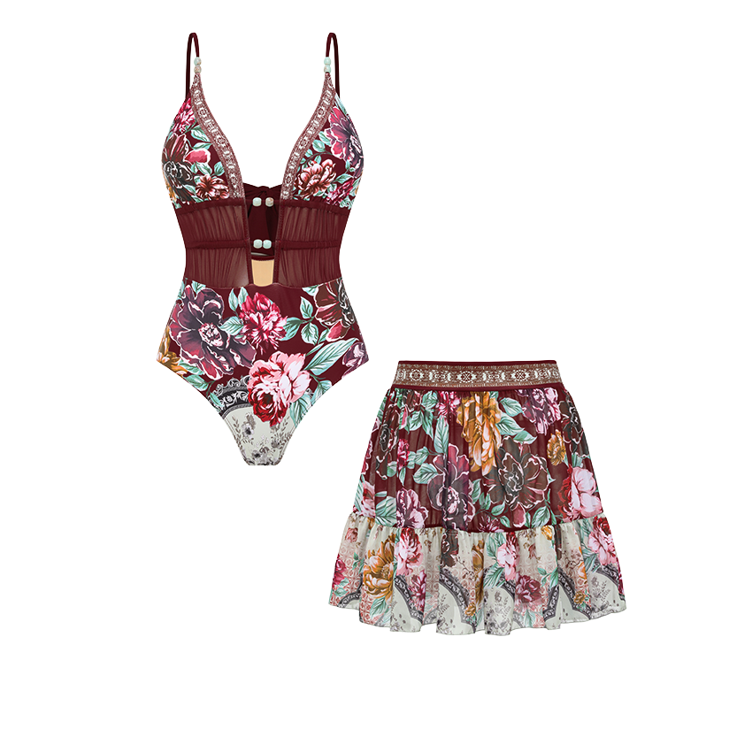 Hollow out Peony Print Swimsuit Set(s)