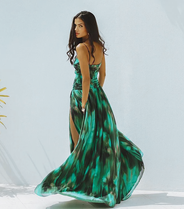 Green Printed Folds One Piece Swimsuit and Skirt