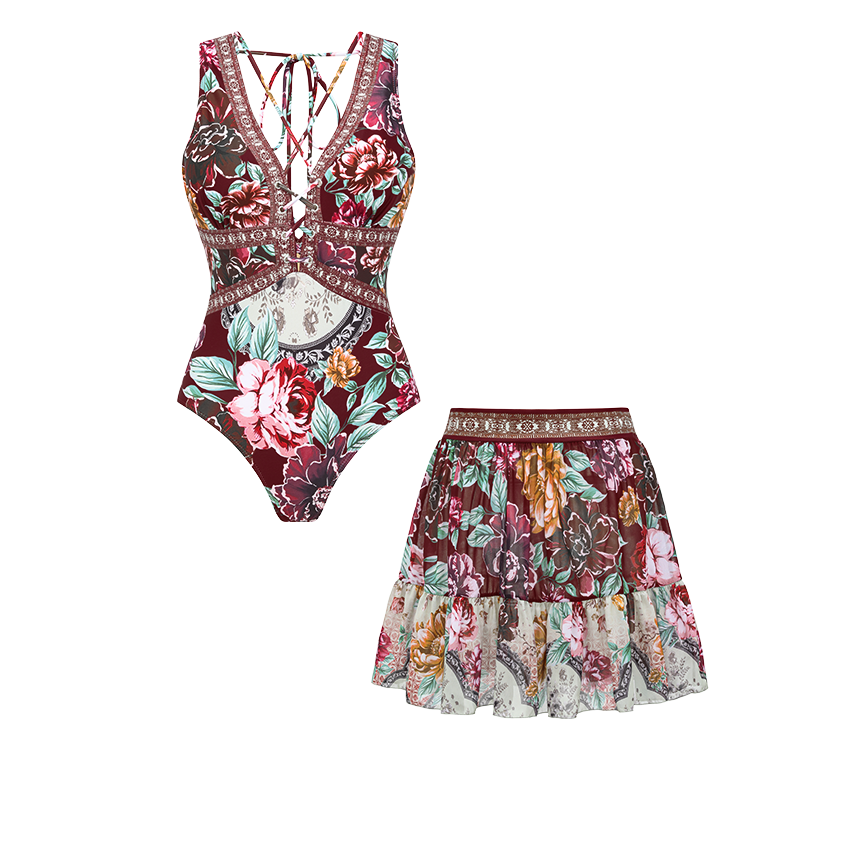 Strap Decoration Peony Print Swimsuit Set(s)