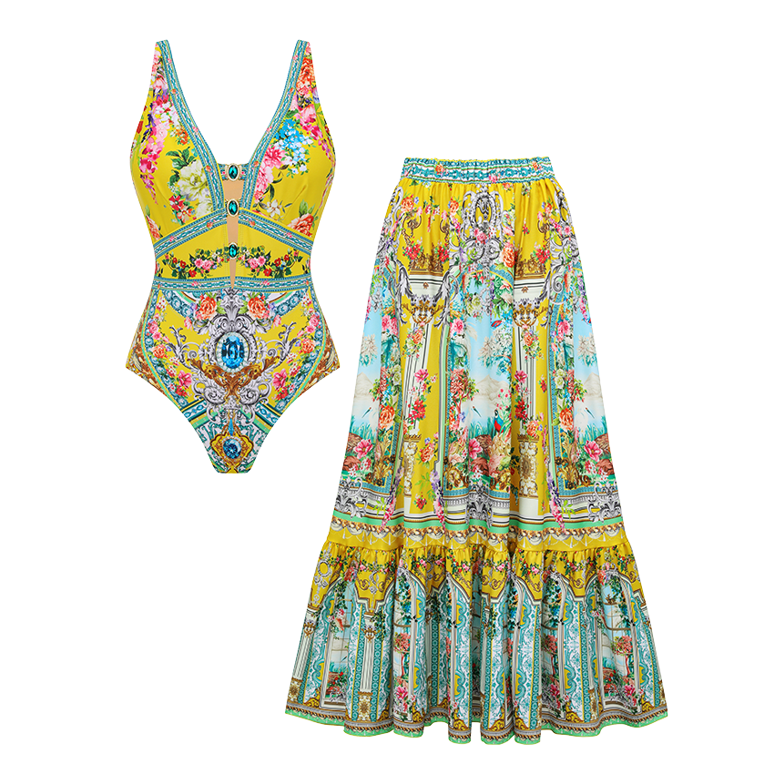 Diamond Decoration Bougainvillea Print Swimsuit Set(s)