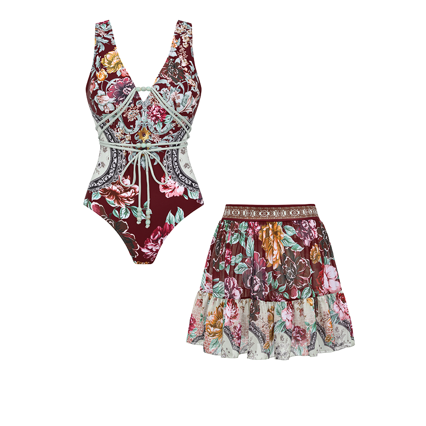 Rope Decoration Peony Print Swimsuit Set(s)