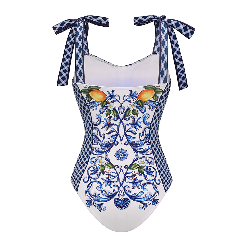 Bowknot Shoulder Lemon Printed Swimsuit Set(s)