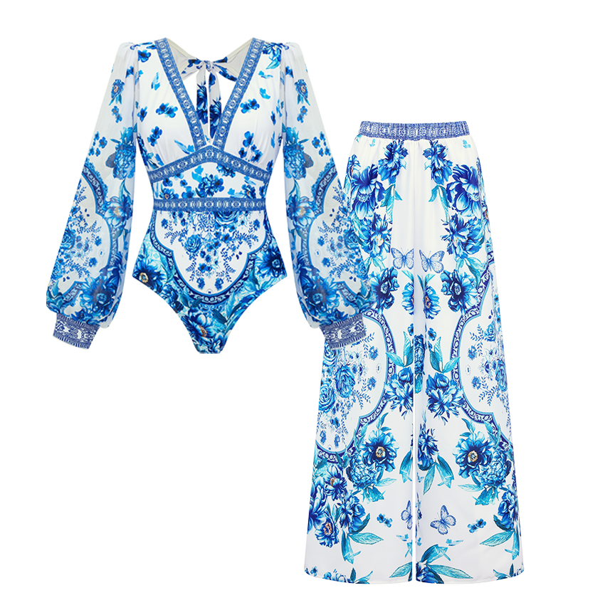 V-neck Peony Print Swimsuit Set(s)