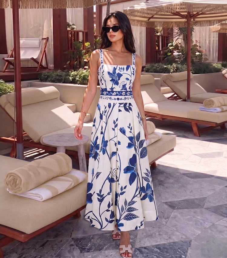 Adjustable Straps Blue & White Floral Print Swimsuit Set(s)