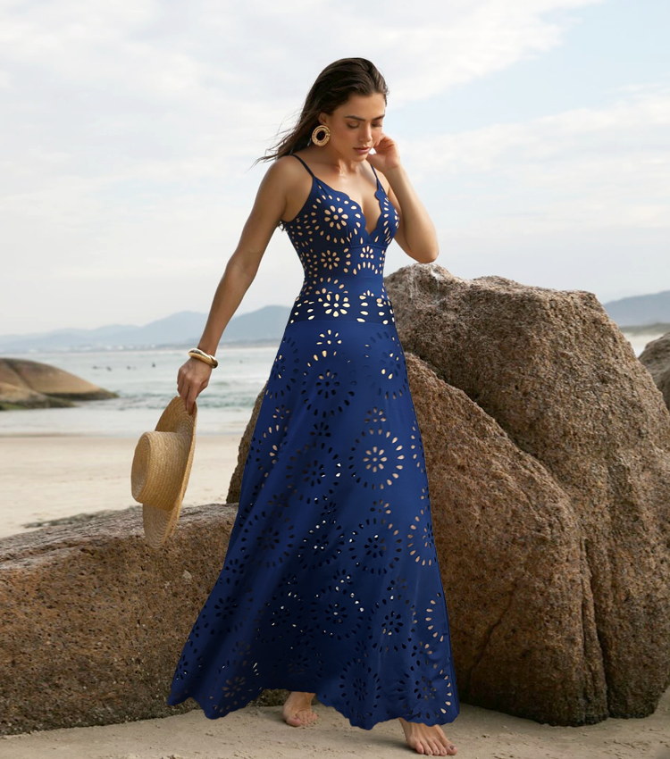 Navy Blue Laser Cutting Flower Hollow One Piece Swimsuit and Skirt