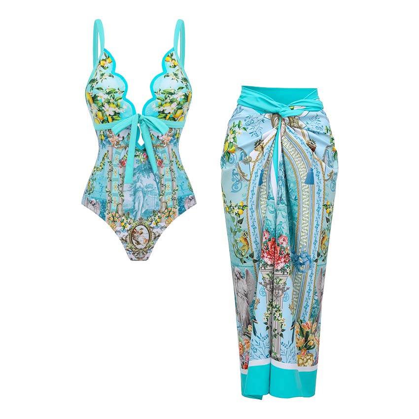 Laser Cutout Lemon & Rococo Print Swimsuit Set(s)