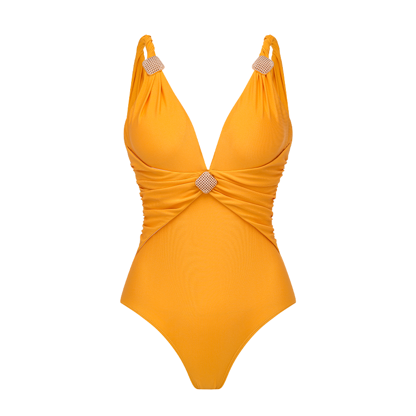 Gold V-Neck Pleated Decoration Swimsuit Set(s)