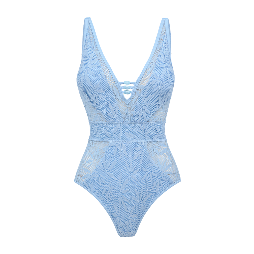 V-neck Blue Lace Hollow Out Swimsuit Set(s)