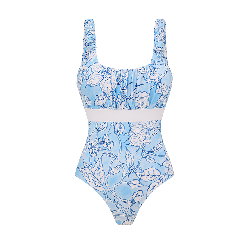 Blue Flowers Pinted Pleated Swimsuit Set(s)