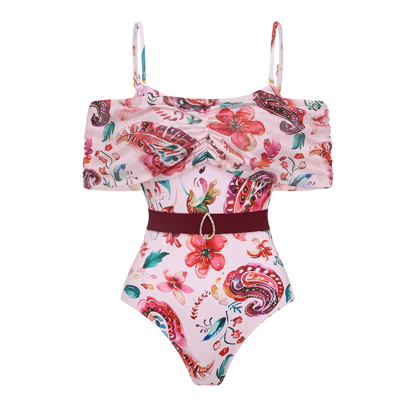 Off-shoulder Pink Paisley Print Swimsuit Set(s)