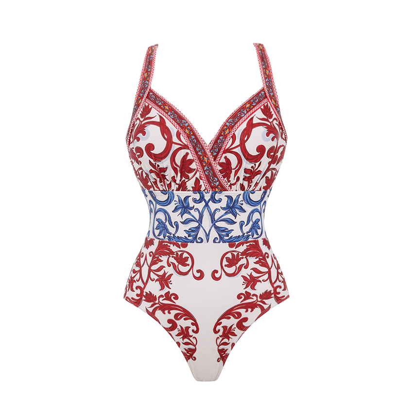Red & Blue Seville Tiles Print V-Neck Swimsuit Set(s)