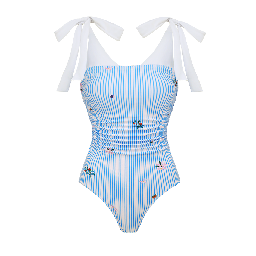 Tie-shoulder Blue Stripes Swimsuit Set(s)