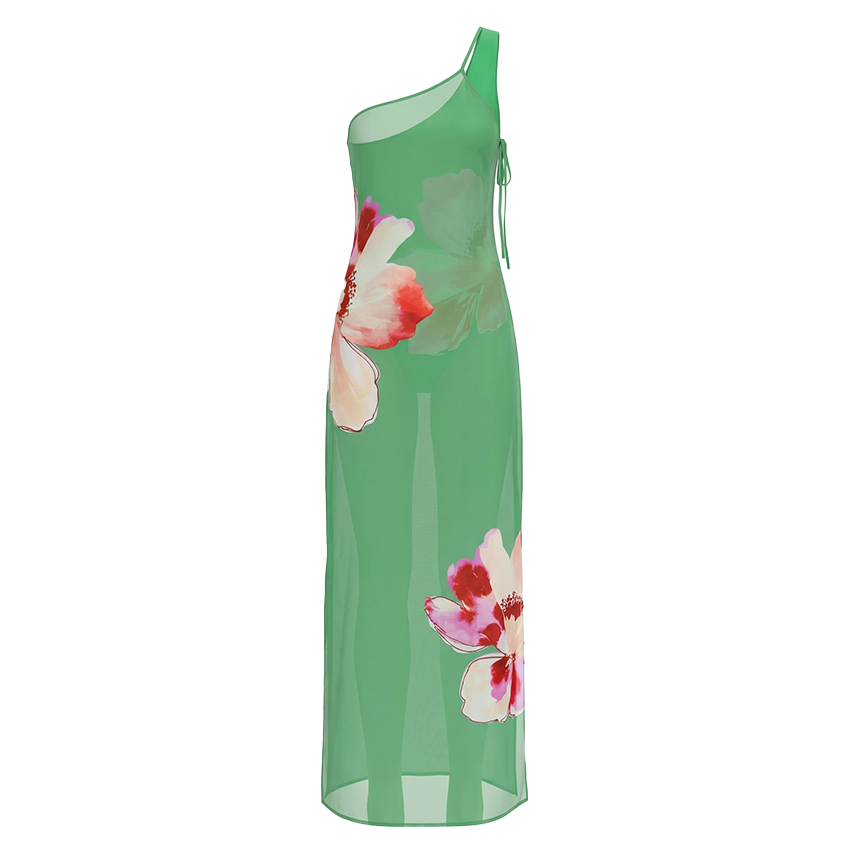 One Shoulder Green & Red Color Blocking Swimsuit Set(s)