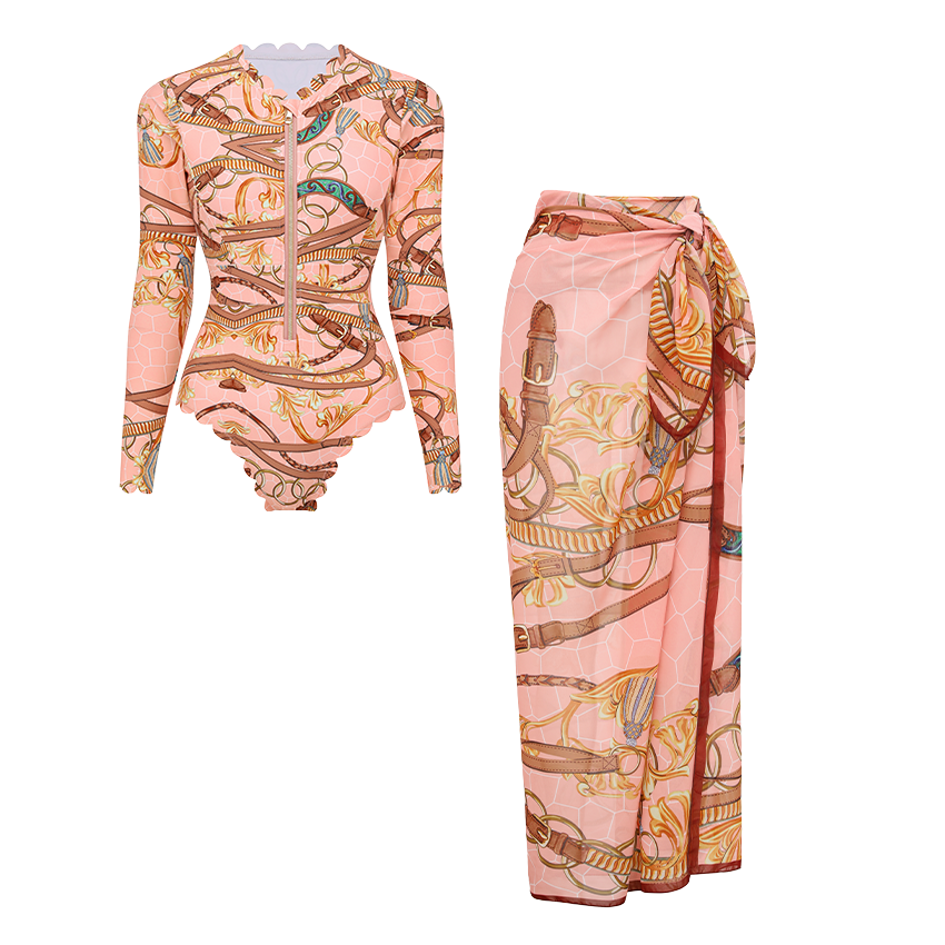 Lace Long Sleeve Rashguard Printed Swimsuit Set(s)