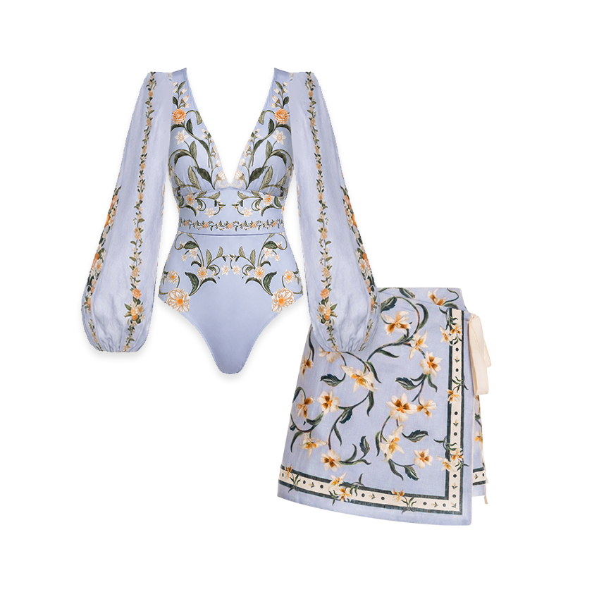 [Copy]One Shoulder Green Plant Print Swimsuit Set(s)