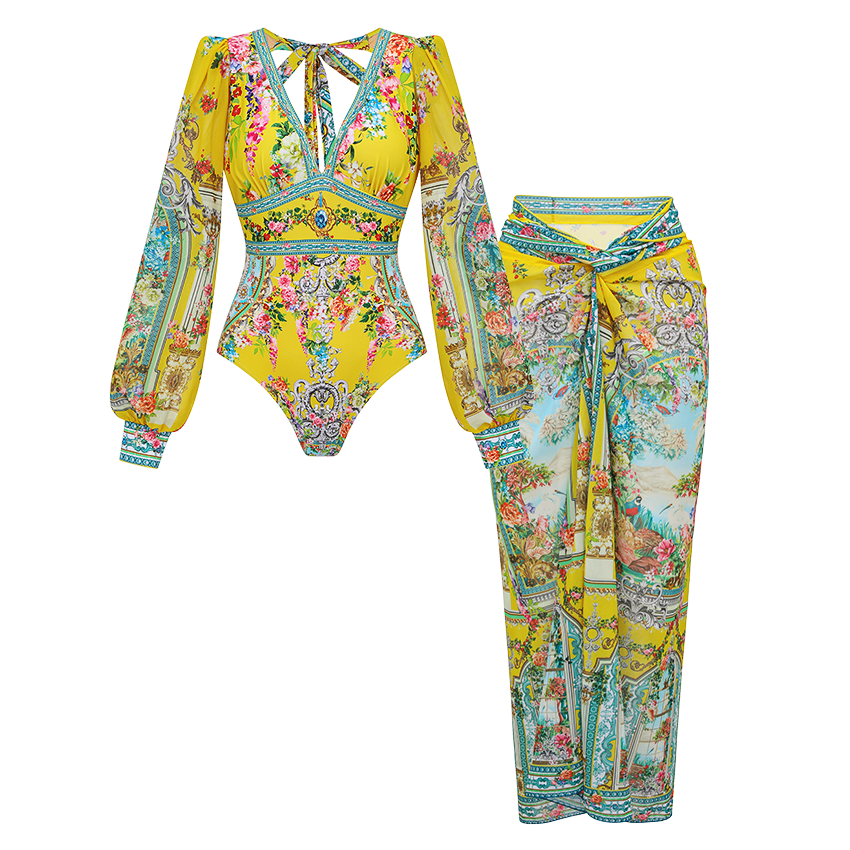 Long Sleeves Bougainvillea Print Swimsuit Set(s)