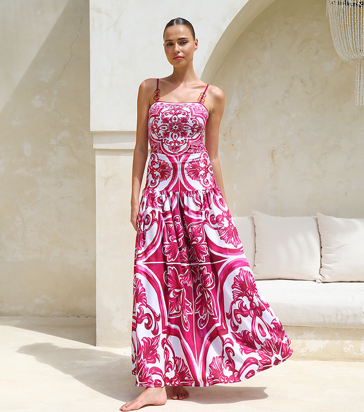 Sling Classic Majolica Series Pattern Print One Piece Swimsuit and Skirt or Shorts