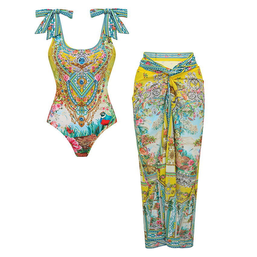 Bow-detailed Bougainvillea Print Swimsuit Set(s)