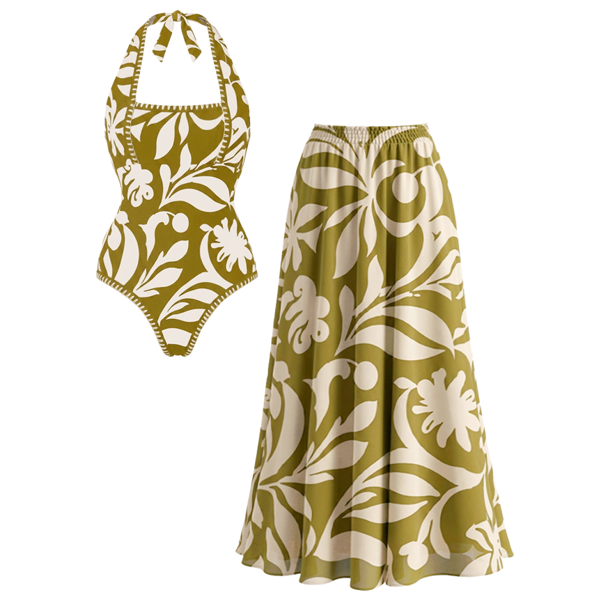 Halter Green Plant Print Swimsuit Set(s)