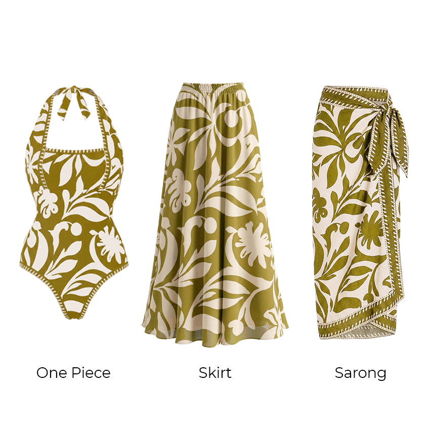 Halter Green Plant Print Swimsuit Set(s)