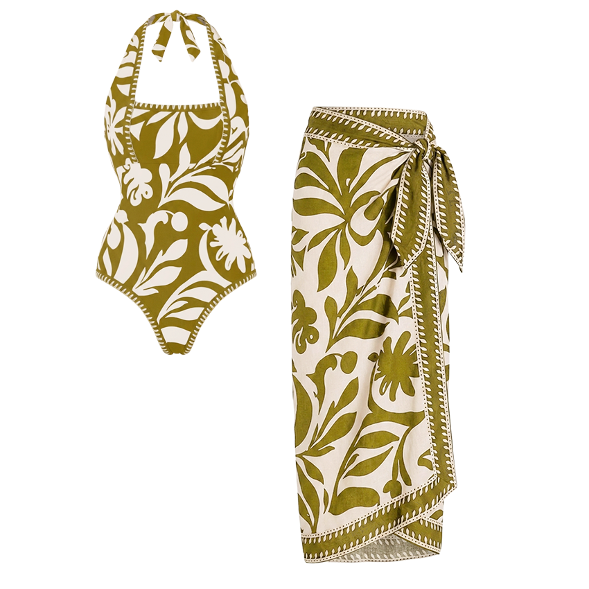 Halter Green Plant Print Swimsuit Set(s)