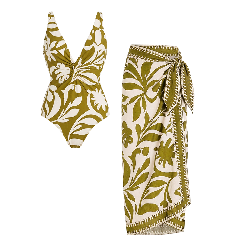 V Neck Green Plant Print Swimsuit Set(s)