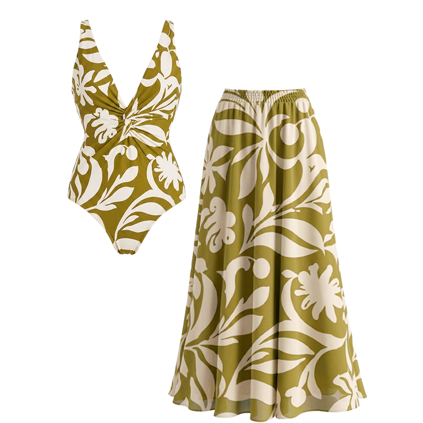 V Neck Green Plant Print Swimsuit Set(s)