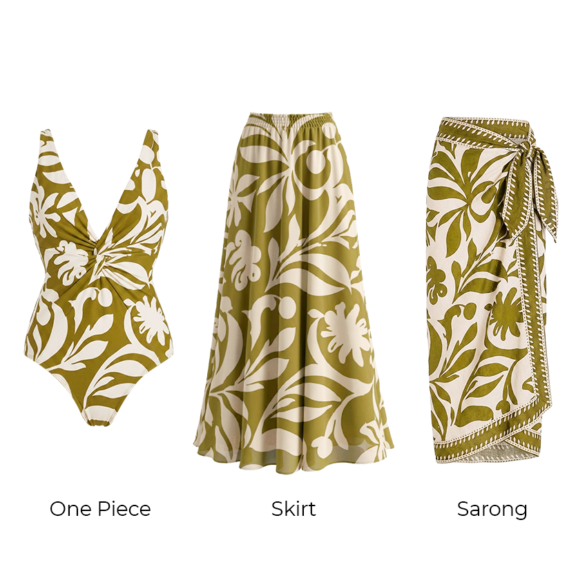 V Neck Green Plant Print Swimsuit Set(s)