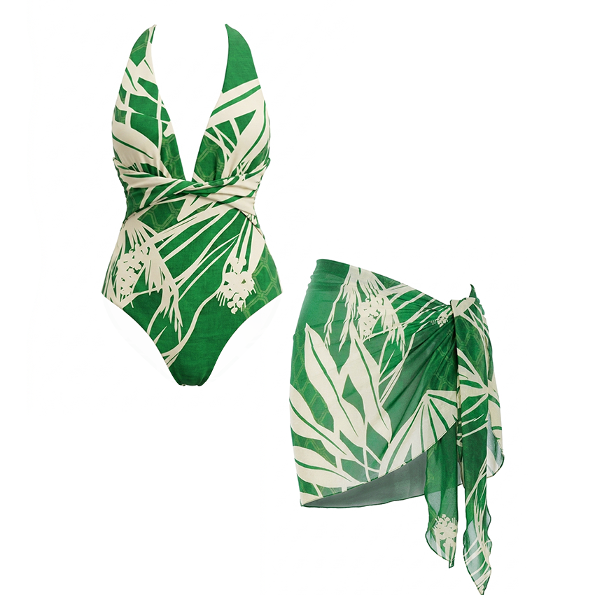 V Neck Green Plant Print Swimsuit Set(s)