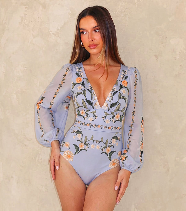 [Copy]One Shoulder Green Plant Print Swimsuit Set(s)