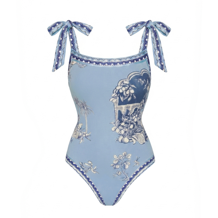 Bow-Tie Shoulder Blue Botanical Print Swimsuit Set(s)