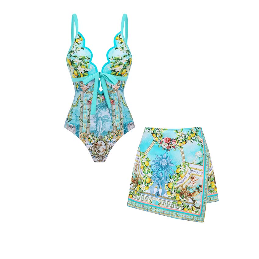 Laser Cutout Lemon & Rococo Print Swimsuit Set(s)