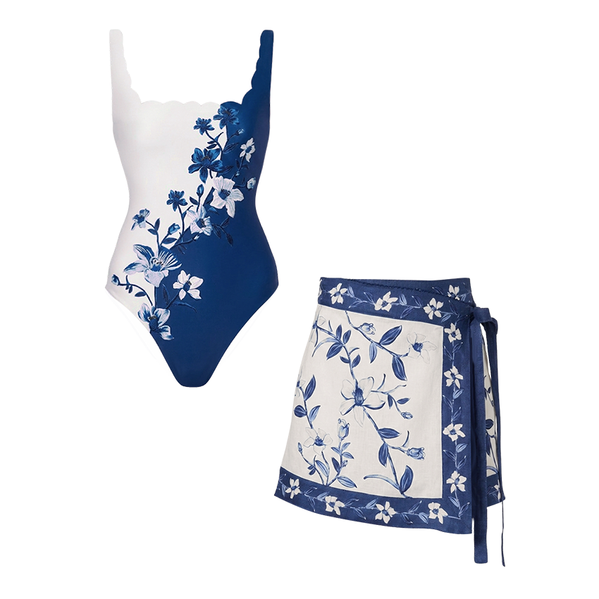 Blue & White Floral Print Swimsuit Set(s)