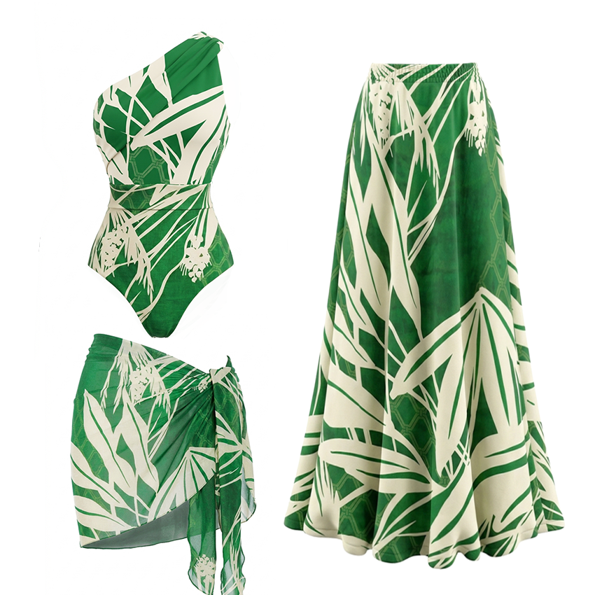 One Shoulder Green Plant Print Swimsuit Set(s)