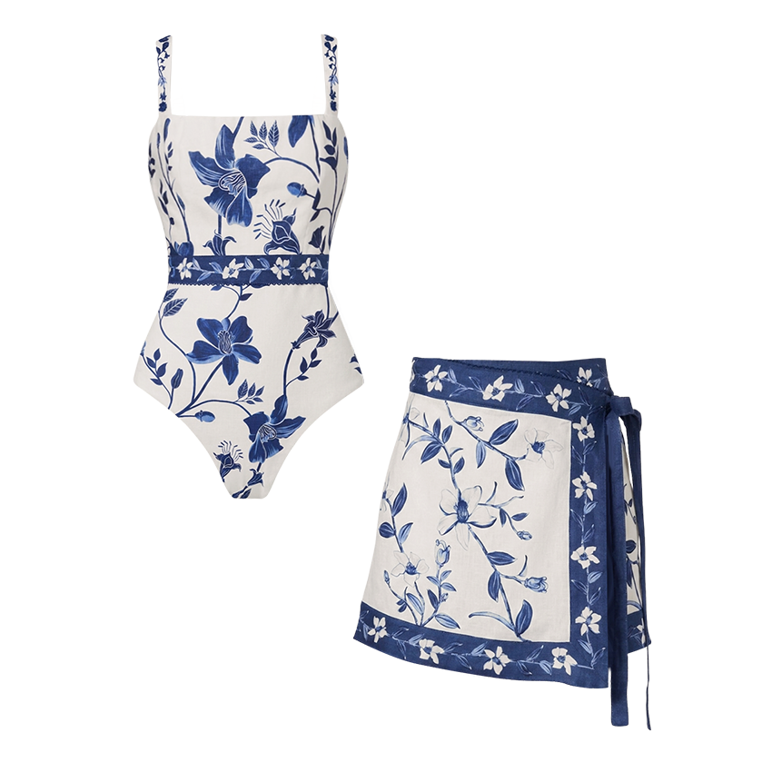 Adjustable Straps Blue & White Floral Print Swimsuit Set(s)
