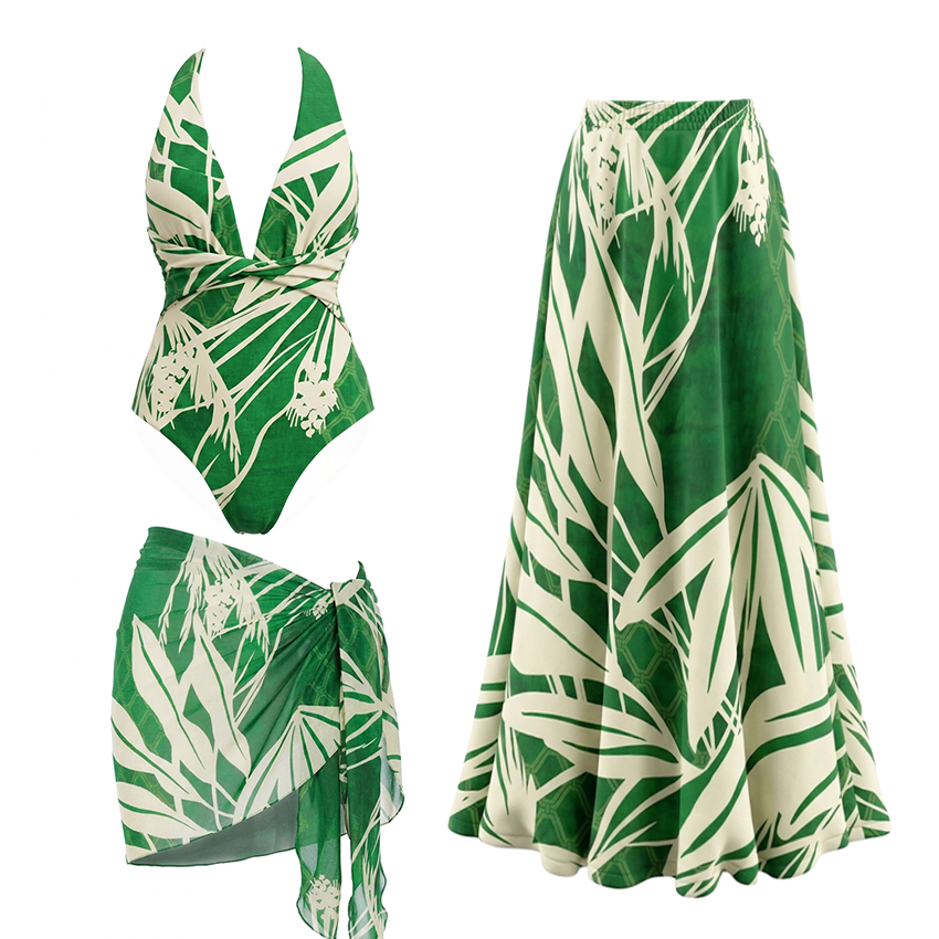 V Neck Green Plant Print Swimsuit Set(s)