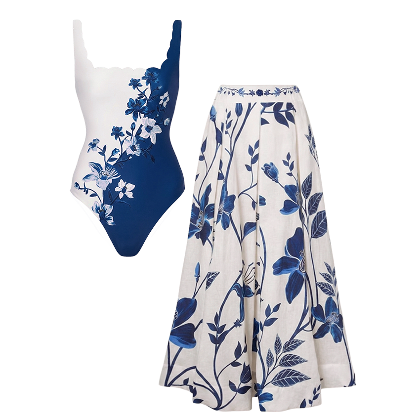 Blue & White Floral Print Swimsuit Set(s)