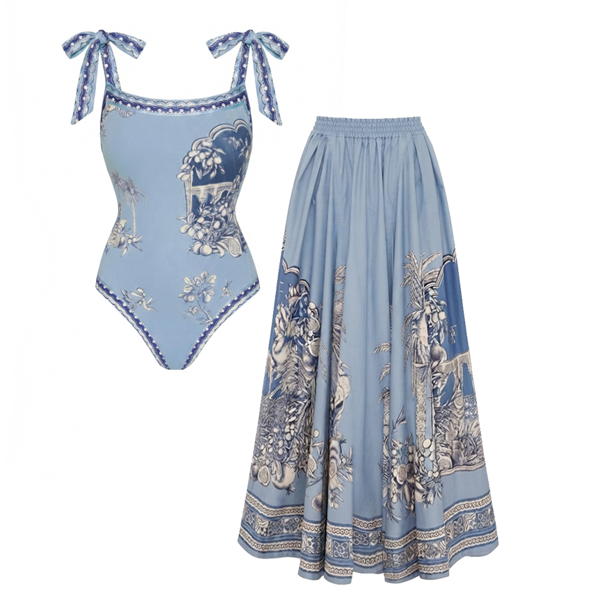 Bow-Tie Shoulder Blue Botanical Print Swimsuit Set(s)