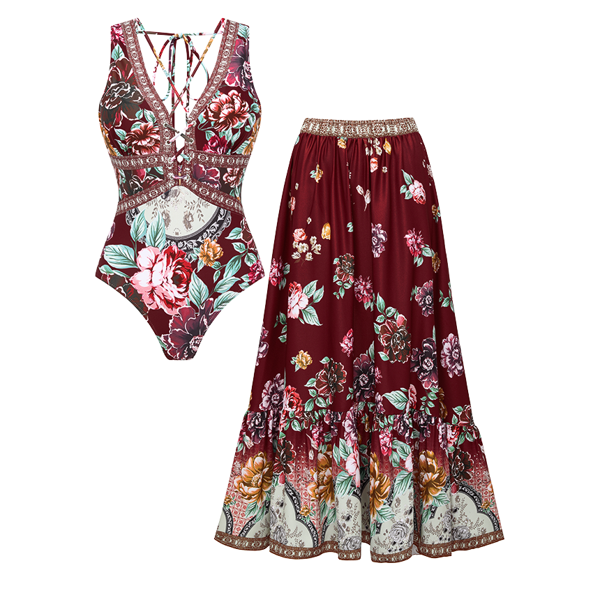 Strap Decoration Peony Print Swimsuit Set(s)