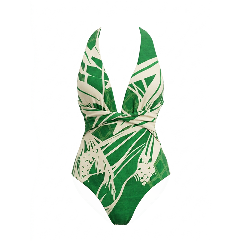 V Neck Green Plant Print Swimsuit Set(s)