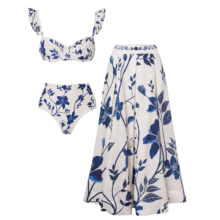 Adjustable Straps Blue & White Floral Print Swimsuit Set(s)