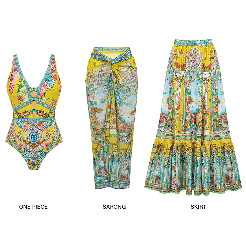 Diamond Decoration Bougainvillea Print Swimsuit Set(s)