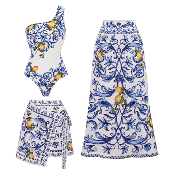 One Shoulder Lemon Printed Swimsuit Set(s)