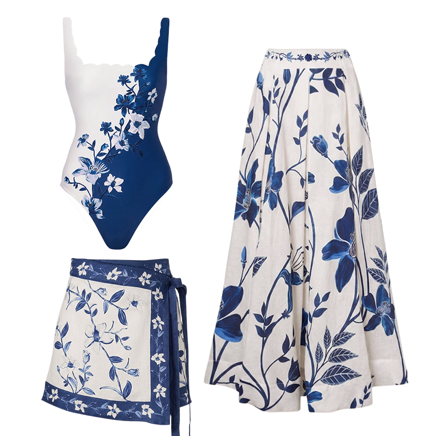 Blue & White Floral Print Swimsuit Set(s)