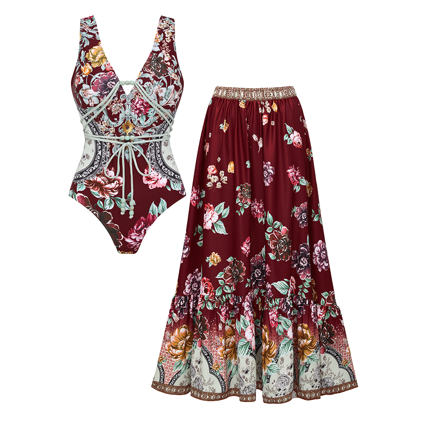 Rope Decoration Peony Print Swimsuit Set(s)
